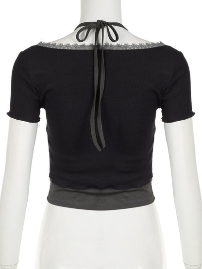 Short sleeve halter lace hem bowknot ribbed 2 piece top