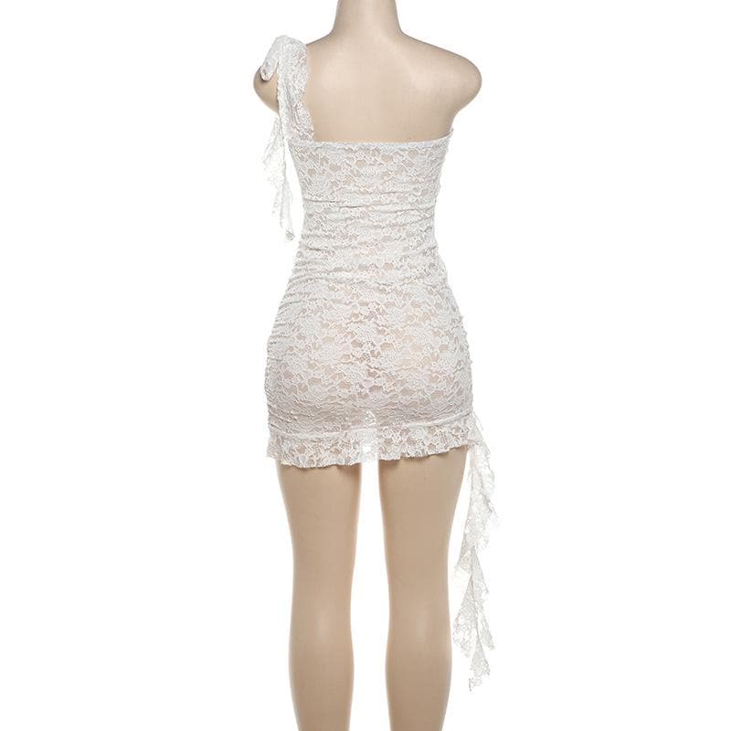 Lace see through one shoulder ruffle knotted ruched mini dress