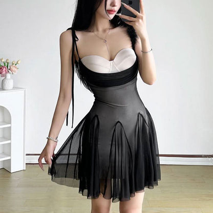 Feather self tie mesh v neck cami mini dress