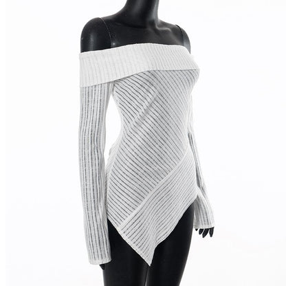 Off shoulder long sleeve textured irregular solid top