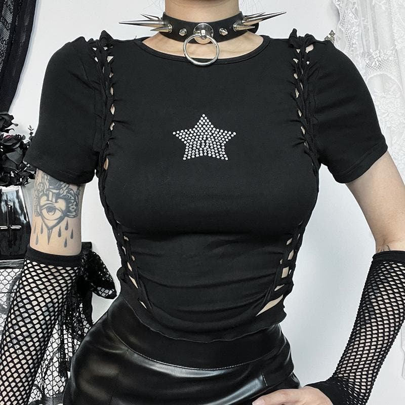 Short sleeve crewneck beaded hollow out cut out top