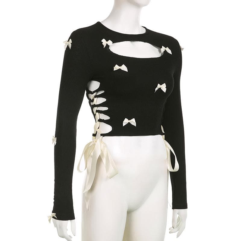 Bowknot long sleeve hollow out lace up contrast cut out top
