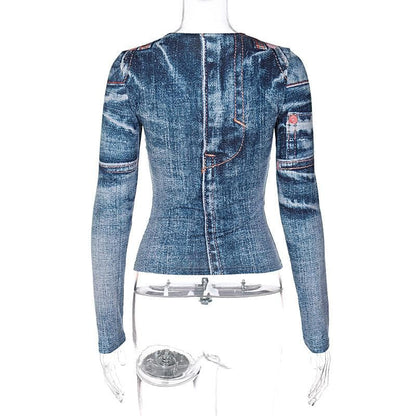 Long sleeve denim print crewneck contrast top