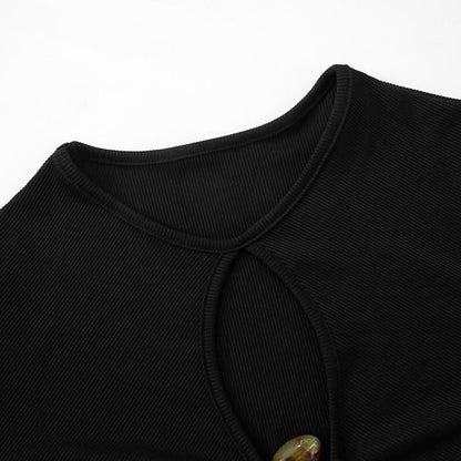 Long sleeve hollow out ribbed crewneck ruched cut out top