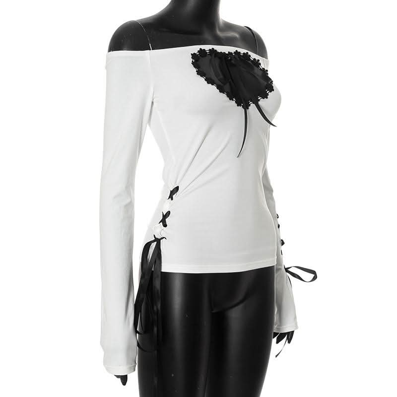 Hollow out long sleeve off shoulder self tie cut out top