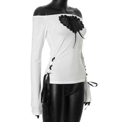 Hollow out long sleeve off shoulder self tie cut out top