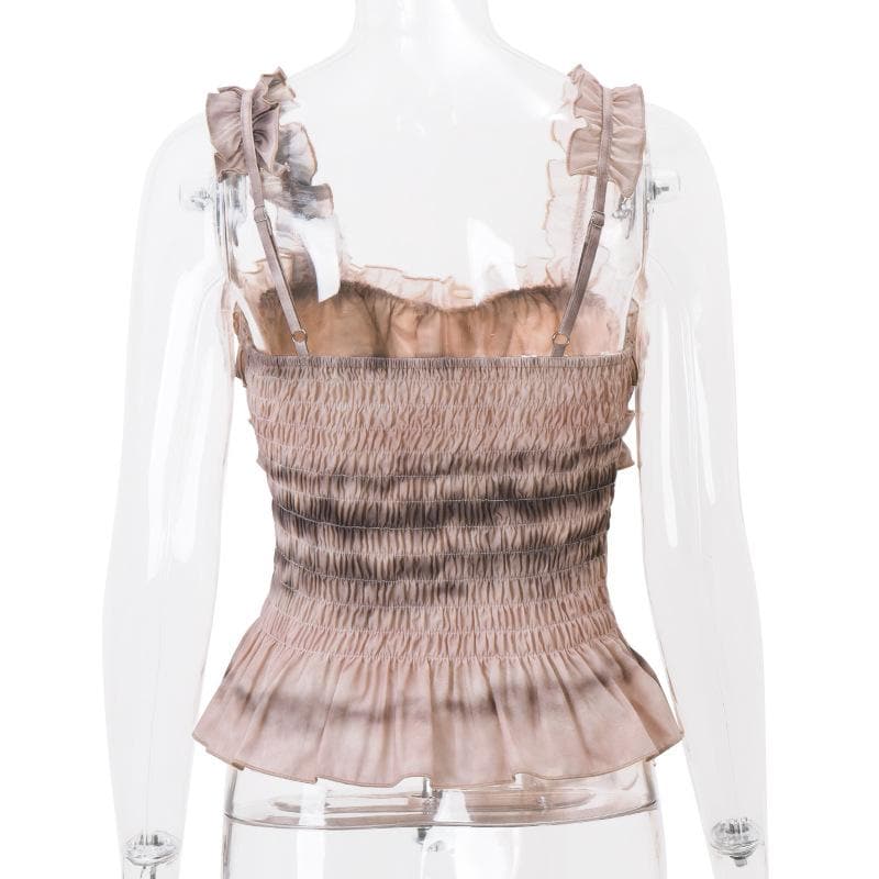 Ruffle tie dye smocked sweetheart neck cami top