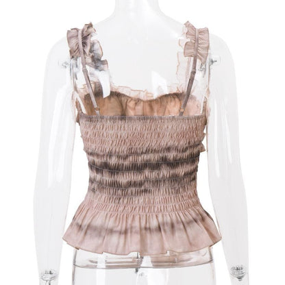 Ruffle tie dye smocked sweetheart neck cami top