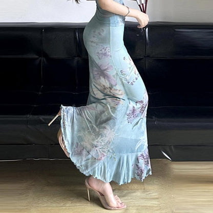 Ruched ruffle cowl neck  flower print mesh maxi skirt set