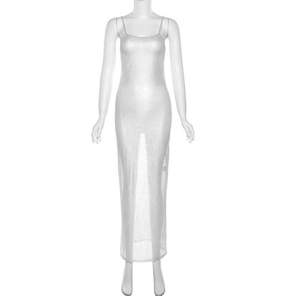 Sheer mesh see through backless solid cami maxi dress