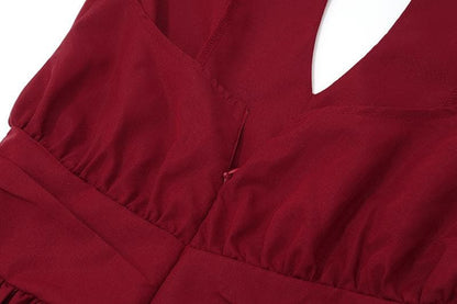 Halter deep v neck ruched backless tie applique mini dress