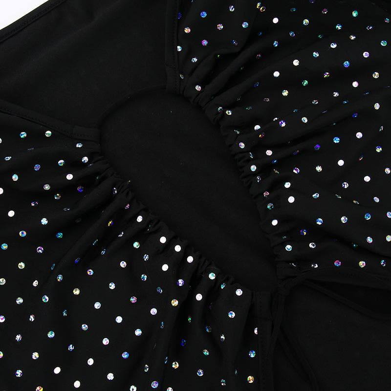 Rhinestone Grid Long Sleeve Keyhole Bow Tie Front Cutout Maxi Dress
