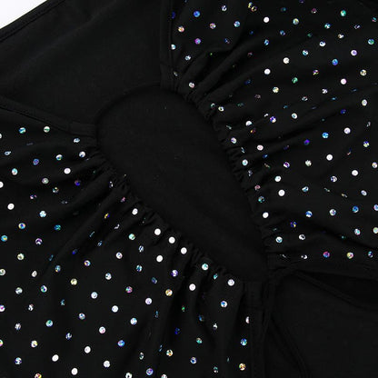 Rhinestone Grid Long Sleeve Keyhole Bow Tie Front Cutout Maxi Dress