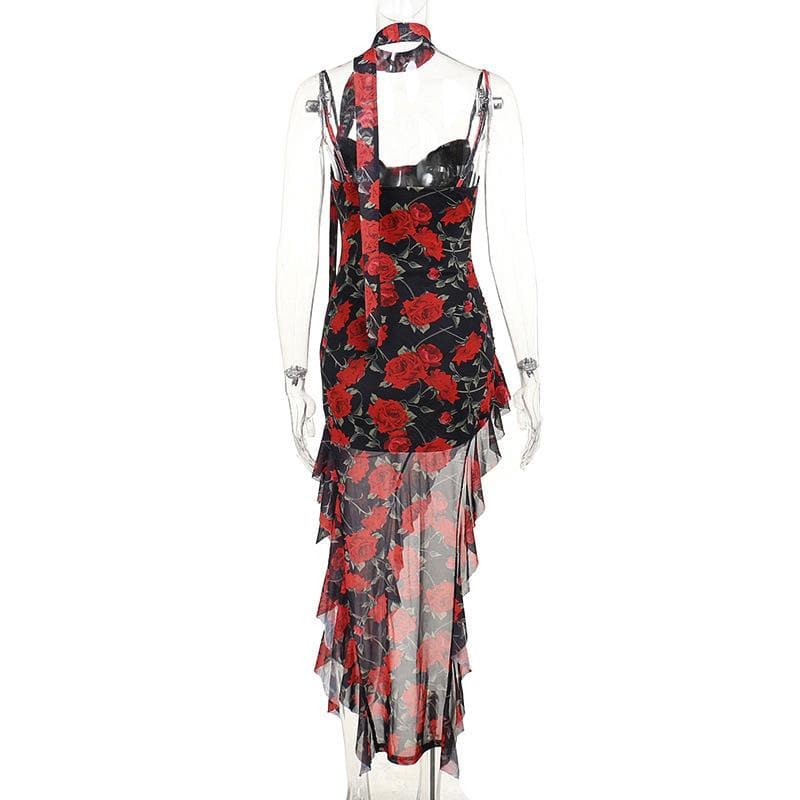 Sweetheart neck ruffle print irregular cami midi dress