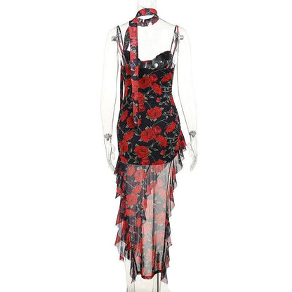 Sweetheart neck ruffle print irregular cami midi dress