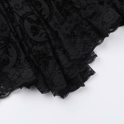 Lace hem ruched square neck print mini dress