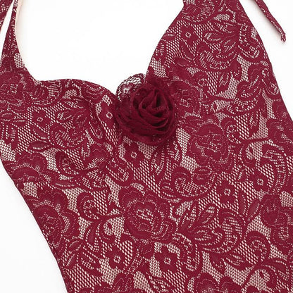 Halter lace flower applique maxi dress