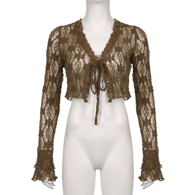 Long sleeve lace self tie crop top