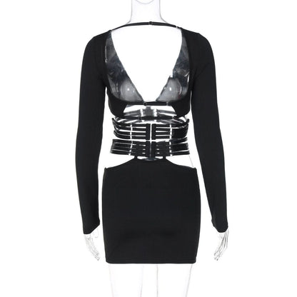 Long sleeve v neck adjustable o ring mini skirt set