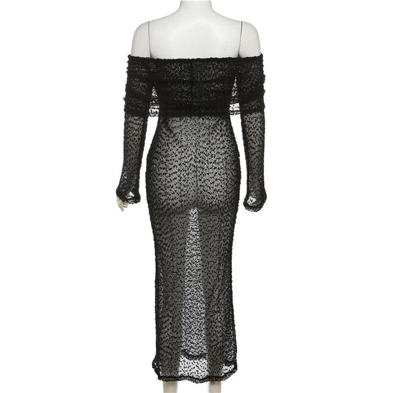 Off Shoulder Crochet Mesh Long Sleeve Bodycon Maxi Dress