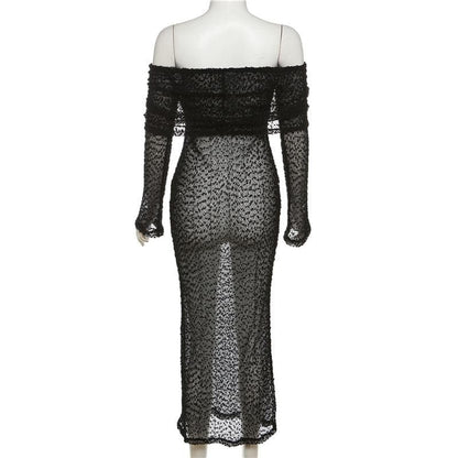 Off Shoulder Crochet Mesh Long Sleeve Bodycon Maxi Dress