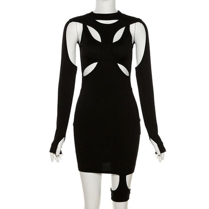 Hollow out irregular long sleeve crewneck cut out mini dress