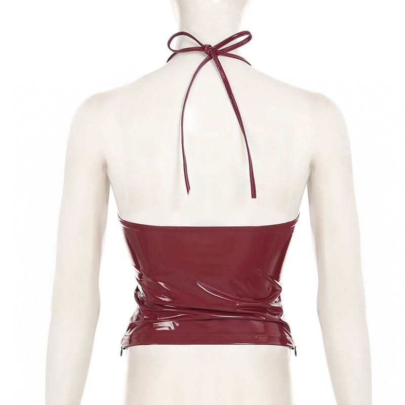 Halter v neck zip-up PU leather top