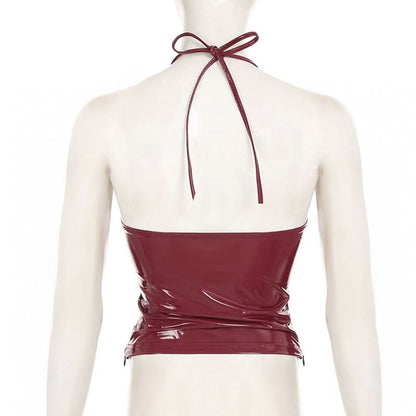 Halter v neck zip-up PU leather top