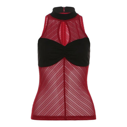High neck ruched hollow out mesh zip-up tank cut out top