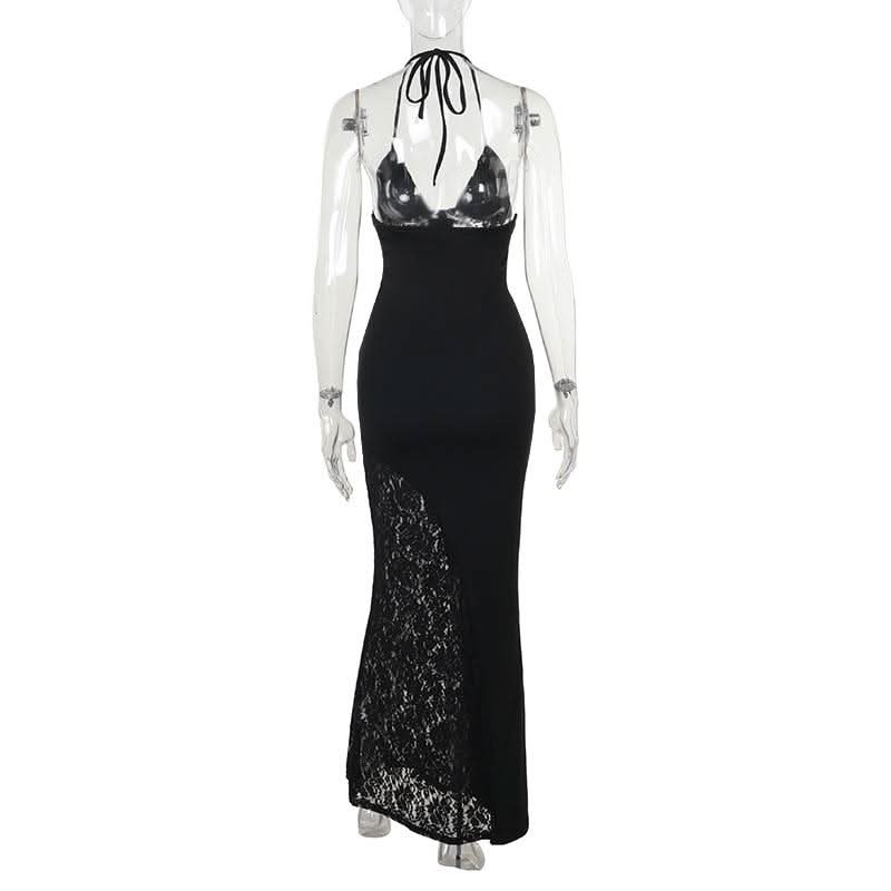 Lace v neck halter self tie ruched maxi dress