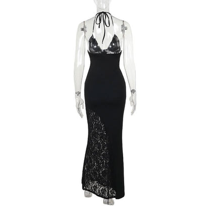 Lace v neck halter self tie ruched maxi dress