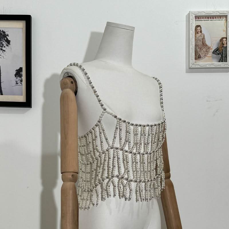 Beaded u neck hollow out cami cut out top