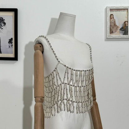 Beaded u neck hollow out cami cut out top