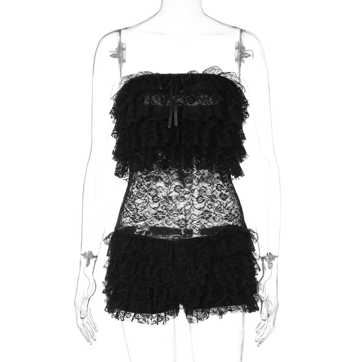 Lace ruffle bowknot tube romper