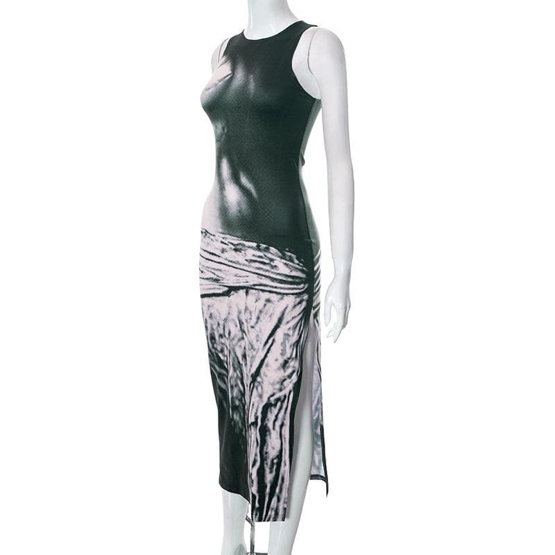 Crew Neck Contrast Graphic Print Side Slit Bodycon Maxi Dress