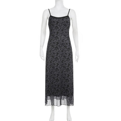 Lace hem mesh ruffle backless cami midi dress