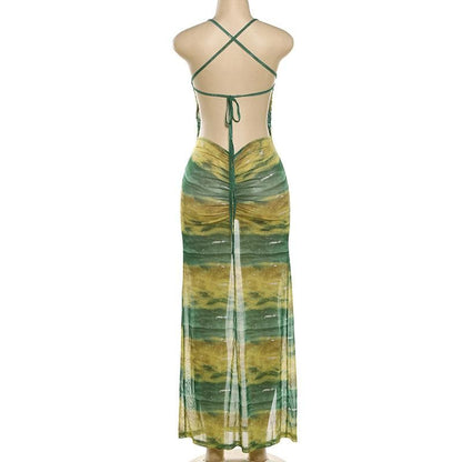 Sheer mesh contrast high slit ruched knotted cami maxi dress