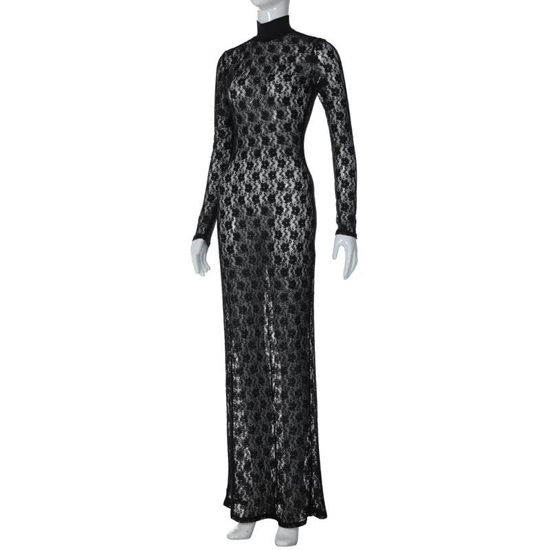 Long sleeve see through high neck lace maxi dress