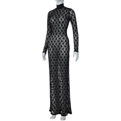Long sleeve see through high neck lace maxi dress