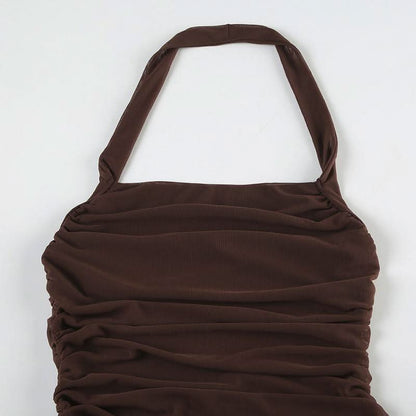 Halter square neck ruched zip-up solid maxi dress