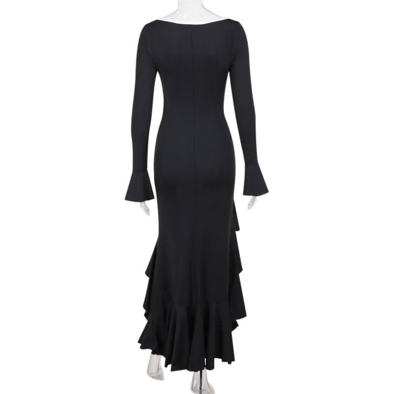 Long flared sleeve v neck button slit ruffle maxi dress