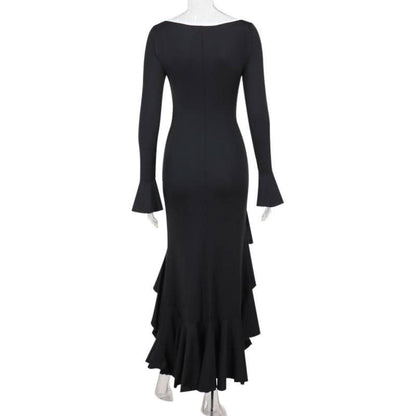 Long flared sleeve v neck button slit ruffle maxi dress