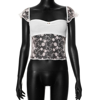 Cap sleeve lace flower embroidery ribbed top