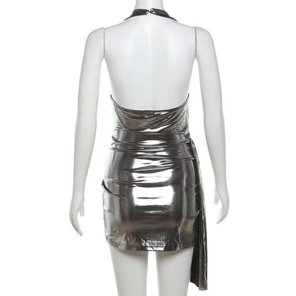 Halter ruched cowl neck metallic button mini dress