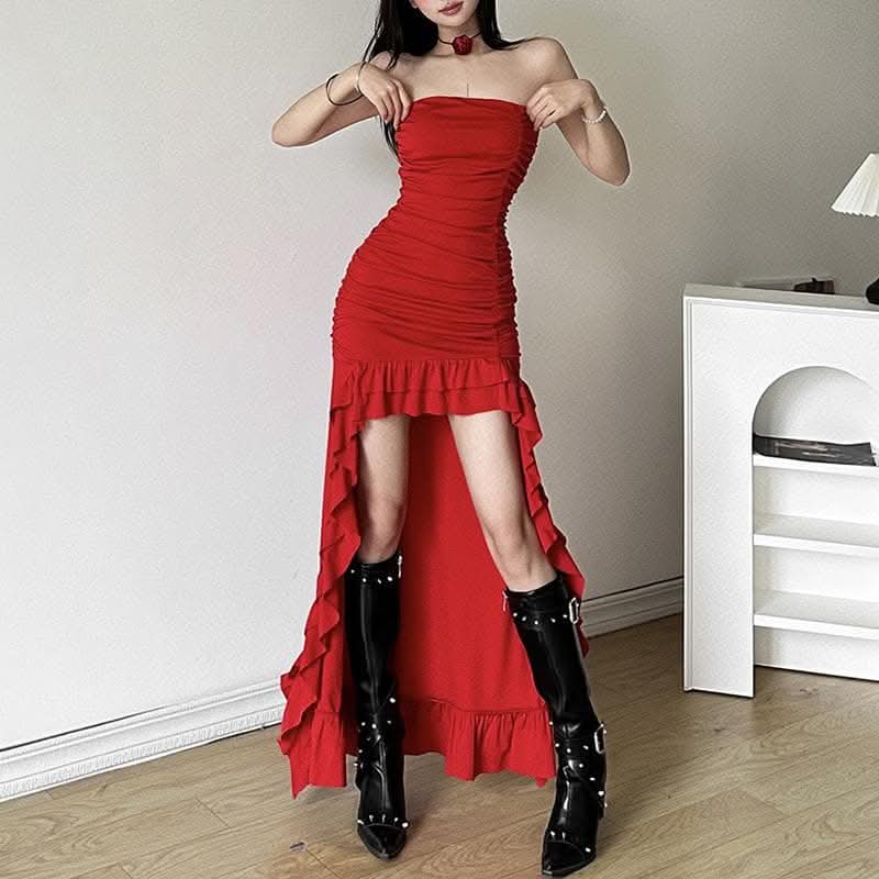 Ruched ruffle solid backless tube maxi dress-final-sale