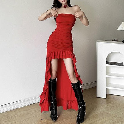 Ruched ruffle solid backless tube maxi dress-final-sale