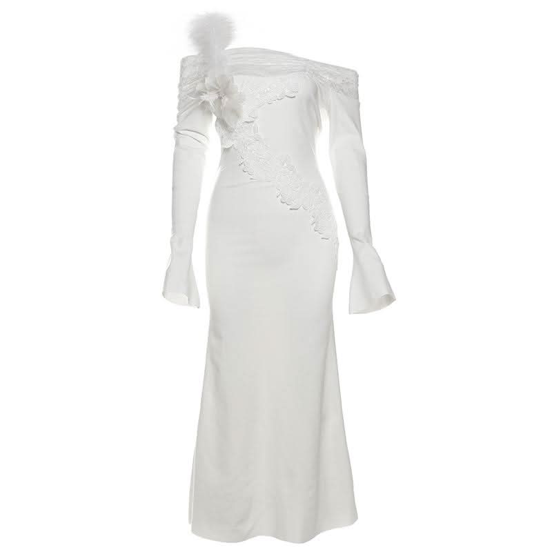 Long flared sleeve off shoulder feather lace midi dress
