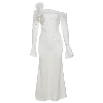 Long flared sleeve off shoulder feather lace midi dress