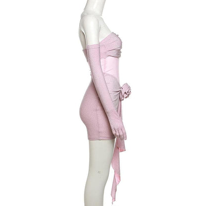 Gloves flower applique mesh patchwork ruched tube mini dress-final-sale