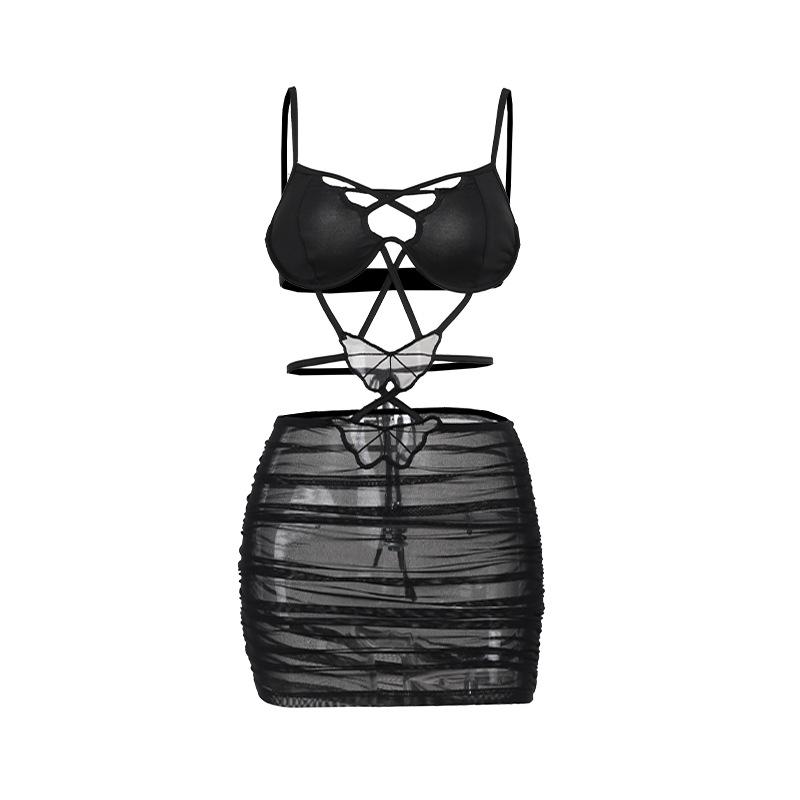 Cross front butterfly mesh hollow out cami cut out mini dress